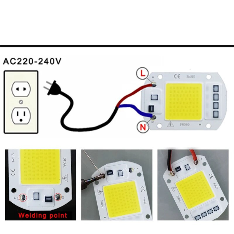 COB LED lámpa Bead Chip AC 220V LED izzó 10W 20W 30W 50W IP65 Nagy teljesítményű Smart IC DIY Flood Light Bulb Spotlight kültéri chip