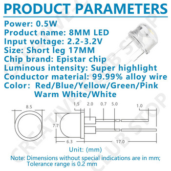 10-120PCS F8 8MM LED диод Бял, Син, Зелен, Червен, Жълт, Розов, топъл LED Комплект диоди, излъчващи сламена шапка, 0,5 W RGB LED мъниста за лампа