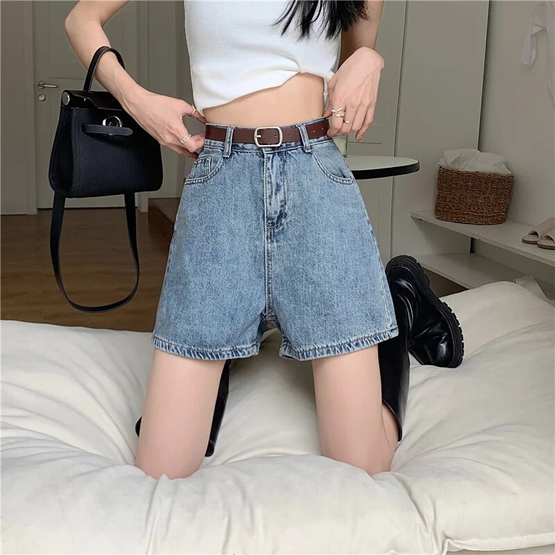 Kratke hlače Ženske ležerne, široke, visokog struka, elegantne, Kpop, rasprostranjene Ins, vruće rasprodaje, jednobojne, dnevne traper hlače, ženske, letnje, novi dizajn