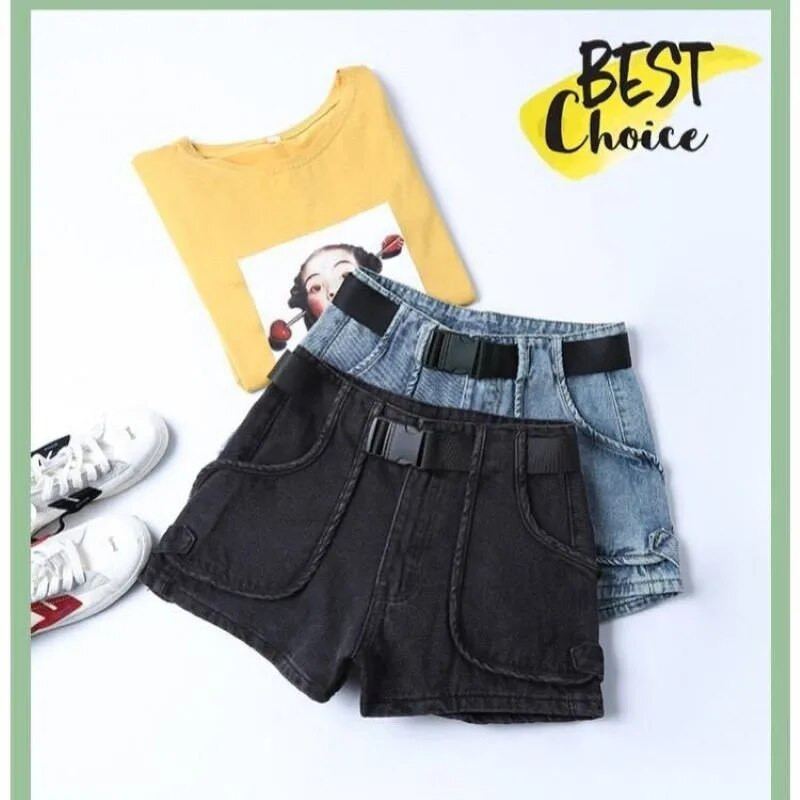 Crne kratke hlače Ženske ljetne 2021. Novi stil Hong Kong Retro Show Tanke široke korejske traperice visokog struka Moda vrućih hlačica a kroja