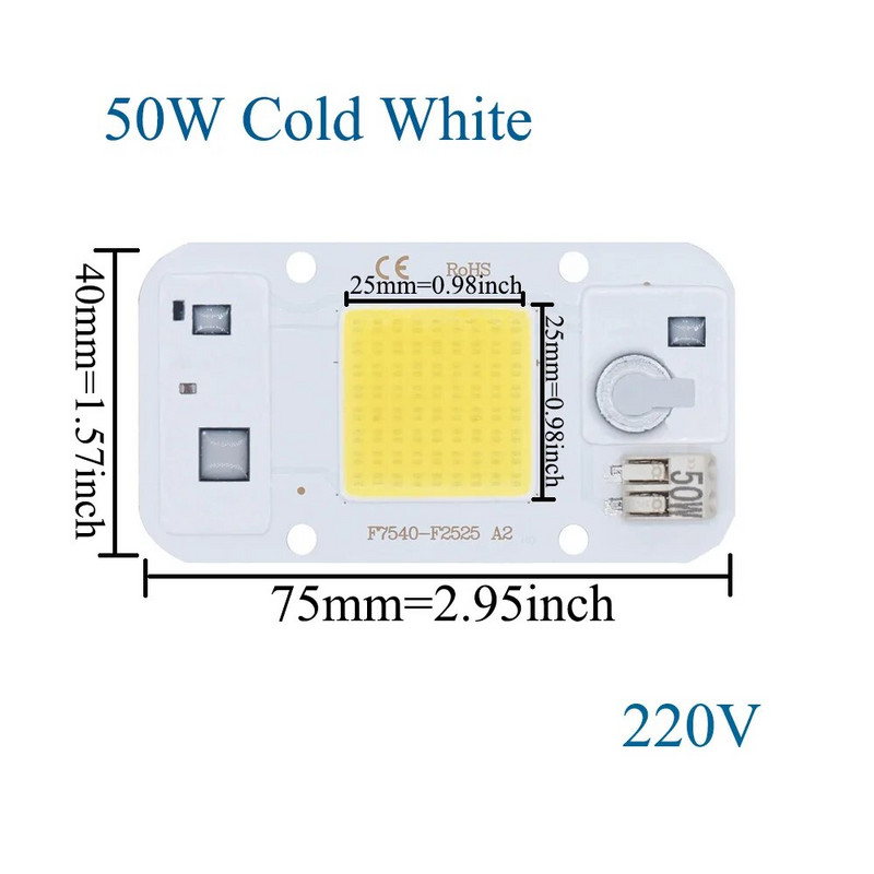 Безплатно заваряване Мощен 50W COB LED чип за прожектор Прожектор 220V 110V Вградени LED светлинни перли Алуминий F7540 Бяло Топло