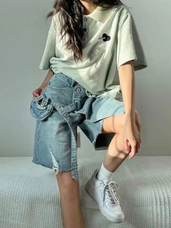 Σορτς με φαρδιά πόδι Γυναικεία τρύπα ρούχων Μοντέρνα κομψή μέχρι το γόνατο Καλοκαιρινό χαλαρό κορεάτικο στυλ Μοντέρνες τσέπες Σχεδιασμός Μαθητές Μαλακές