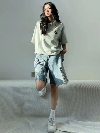 Широки къси панталони Дамско облекло с дупка Модно шик Летни свободни корейски стил Модерни джобове Дизайн Студентски меки