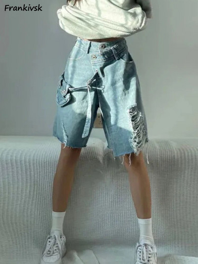 Широки къси панталони Дамско облекло с дупка Модно шик Летни свободни корейски стил Модерни джобове Дизайн Студентски меки
