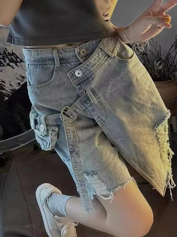 Široke kratke hlače Ženska odjeća s rupama, moderno šik, do koljena, ljetne široke, korejski stil, trendi džepovi, dizajn, studenti, meke