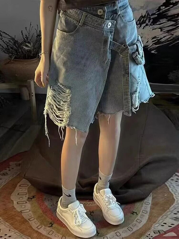 Široke kratke hlače Ženska odjeća s rupama, moderno šik, do koljena, ljetne široke, korejski stil, trendi džepovi, dizajn, studenti, meke
