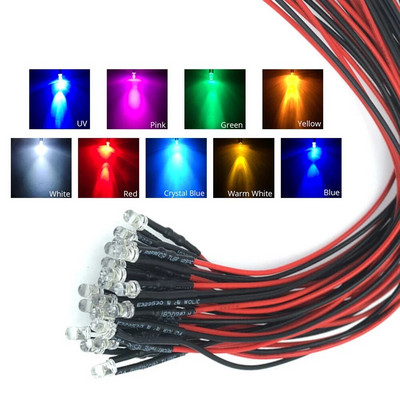 10 tk 3mm eeljuhtmega LED ümmargune valguslamp pirn, kiibi helmed kaabel DC 12V 20cm valge kaunistus kiirgavad dioodid eeljoodetud 20ma