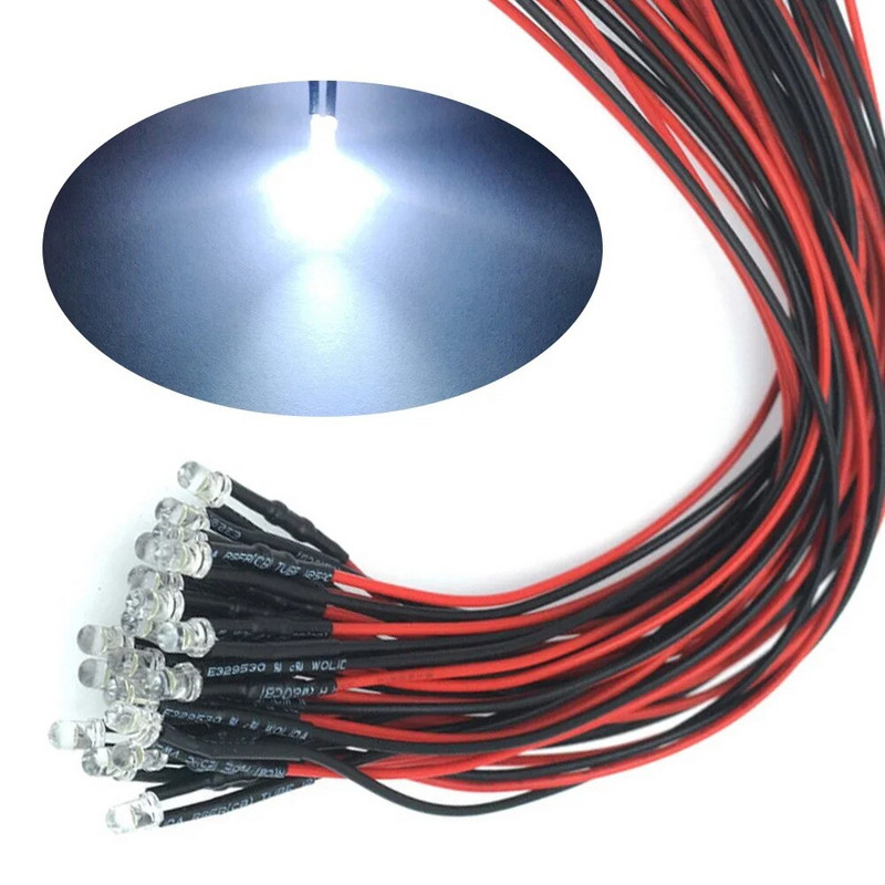 10db 3mm-es előre vezetékes LED-es kerek lámpa izzó Chip gyöngyök DC 12V 20cm fehér dekoráció kibocsátó diódák előforrasztott 20ma