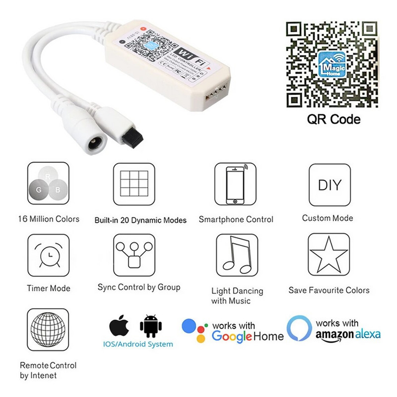 RGB WiFi LED szalagfény Bluetooth vezérlő DC 5V 12V 24V Android IOS APP Alexa Google Magic Home IR Control