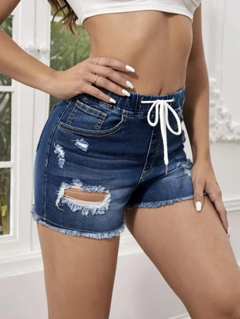 2023 Летни нови дамски скъсани дънкови къси панталони с еластична талия Модни високоразтегливи тесни секси къси дънки с пискюли S-2XL