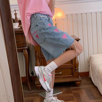 MEXZT Σορτς Γυναικεία Streetwear Ψηλόμεση στάμπα φαρδύ ίσιο τζιν σορτς Love κέντημα Φούντα τζιν Φαρδύ κοντό παντελόνι