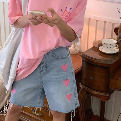 MEXZT Σορτς Γυναικεία Streetwear Ψηλόμεση στάμπα φαρδύ ίσιο τζιν σορτς Love κέντημα Φούντα τζιν Φαρδύ κοντό παντελόνι