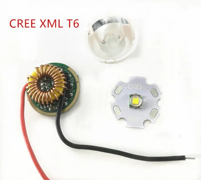 5050 XM-L LED T6 fehér fény 20 mm-es csillag NYÁK+ 3,7 V 5 üzemmódú led meghajtóval + T6 15 fokos led lencse alaptartó készlettel