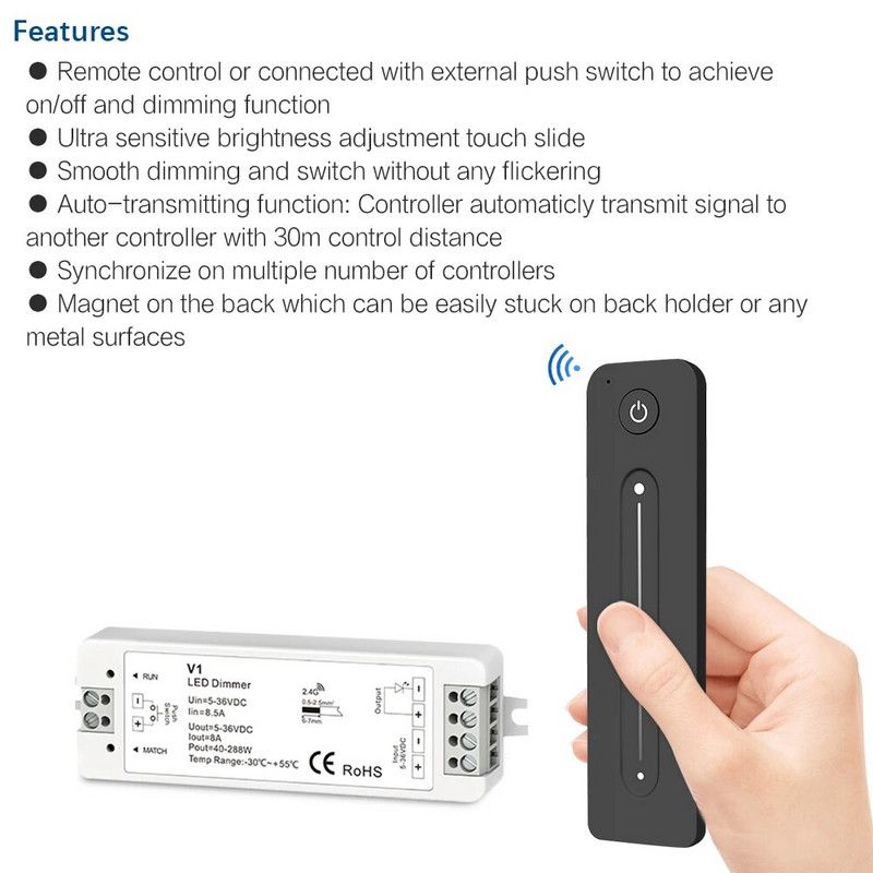 LED prigušivač 12V 5V 24V 36V 8A PWM bežični RF prekidač s 2.4G daljinskim upravljačem za podešavanje svjetline na dodir za LED jednobojnu traku