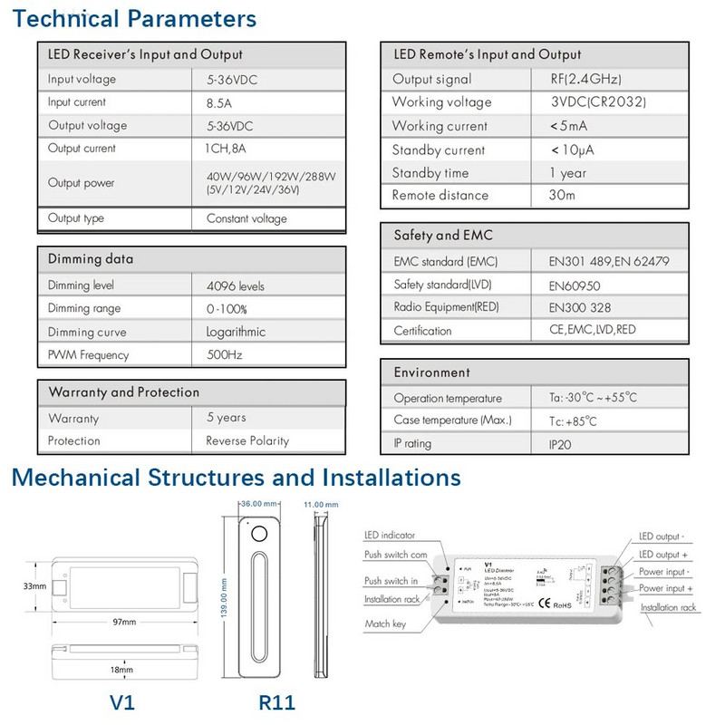 LED prigušivač 12V 5V 24V 36V 8A PWM bežični RF prekidač s 2.4G daljinskim upravljačem za podešavanje svjetline na dodir za LED jednobojnu traku