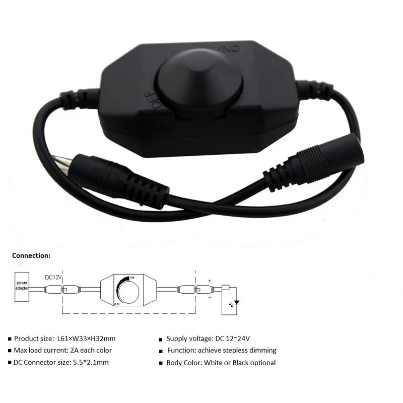 LED šviesos reguliatorius 12V 2A 24W rankenėlė LED šviesos diodo įtaisytas apšvietimo jungiklis IŠJUNGTAS, skirtas vienos spalvos LED juostiniam apšvietimui