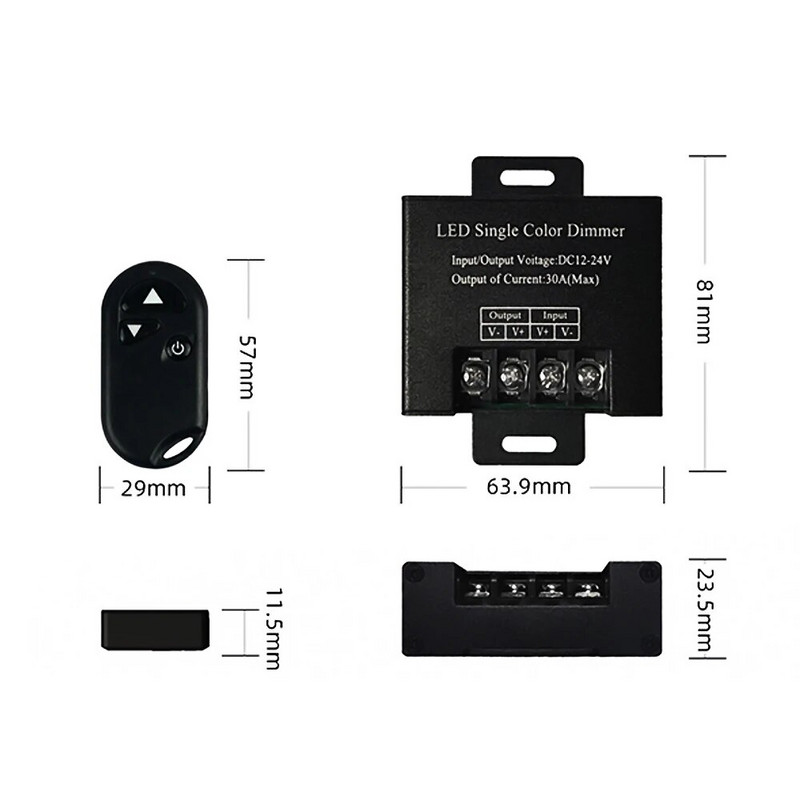 Led jednobojni prigušivač 30A DC12V 24V 720W aluminijska školjka Ce Rohs Pwm 3 tipke RF prigušivač daljinskog upravljača