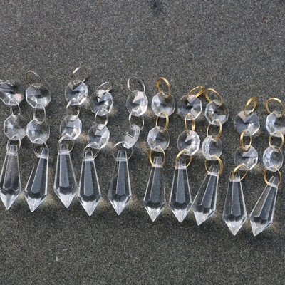 Skaidrūs liustra stiklo kristalai lempos prizmės dalys kabantys lašai pakabukai su krištoliniais aštuonkampiais karoliukais apšvietimo dalys