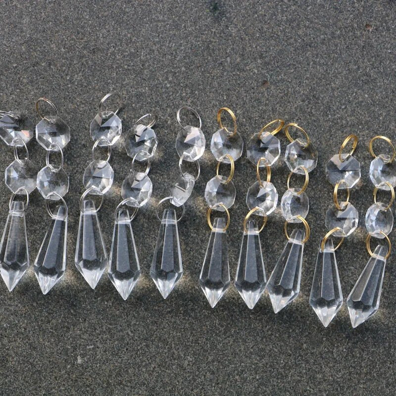 Skaidrūs liustra stiklo kristalai lempos prizmės dalys kabantys lašai pakabukai su krištoliniais aštuonkampiais karoliukais apšvietimo dalys