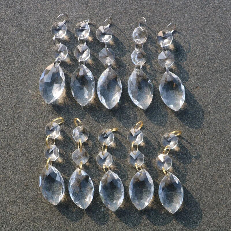 Skaidrūs liustra stiklo kristalai lempos prizmės dalys kabantys lašai pakabukai su krištoliniais aštuonkampiais karoliukais apšvietimo dalys