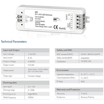 Мини 0/1-10V CV LED контролер за димиране 1 канал DC 5V 12V 24V 36V PWM Conatant Voltage Output 8A 288W 1 канал 0-10V димер LV