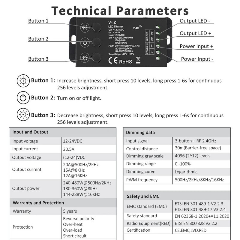 DC 12V 24V LED hämarduslüliti 20A konstantse pinge kontroller 5050 2835 FCOB ühevärvilise ribavalgusti jaoks 2,4G RF kaugjuhtimispult
