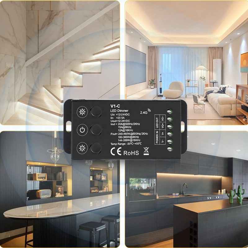 DC 12V 24V LED hämarduslüliti 20A konstantse pinge kontroller 5050 2835 FCOB ühevärvilise ribavalgusti jaoks 2,4G RF kaugjuhtimispult