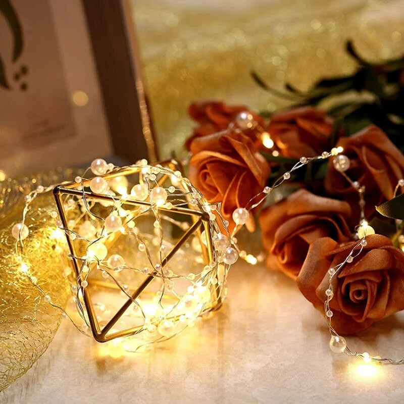 Bijeli biser LED svjetiljke od bakrene žice 2M 3M 5M 10M Vilinska dekoracija spavaće sobe Blagdanska rasvjeta Vjenčanje Na baterije