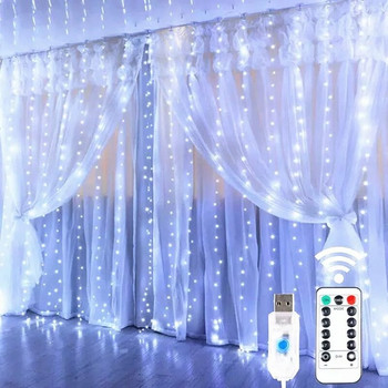 Κουρτίνα LED String Lights με 8 Mode Τηλεχειριστήριο Garland Fairy Lights για Χριστουγεννιάτικα ντεκόρ γαμήλιας γιορτής Φώτα παραθύρου δωματίου
