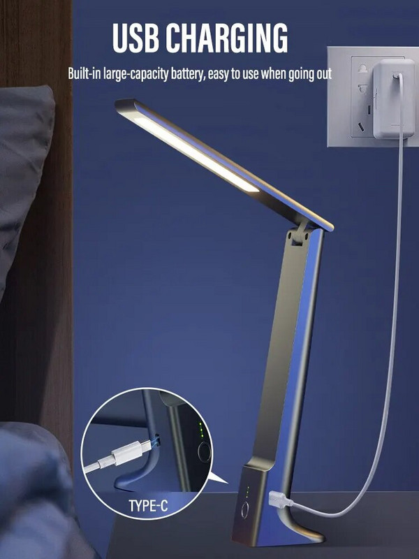 LED-es összecsukható asztali lámpa USB-töltés, érintésvezérlés, szabályozható asztali szemvédelem, olvasási tanulmány iroda hálószoba éjjeli lámpa