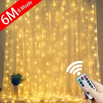 6x3M LED USB завеса Връзка с приказни светлини Коледен гирлянд 8 режима Дистанционно за Нова година 2024 Парти Градина Домашна сватбена украса