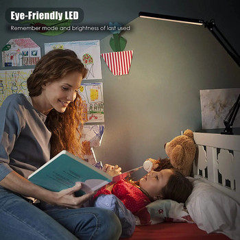 LED настолна лампа със скоба, Eye-Care димируема светлина за четене, 3 цветни режима лампа с въртящо се рамо, USB настолна лампа с щипка, лампа за дневна светлина