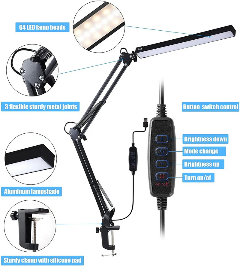 LED-es asztali lámpa bilinccsel, szemkörnyékápoló, szabályozható olvasólámpa, 3 színű lengőkaros lámpa, USB csíptetős asztali lámpa, nappali lámpa