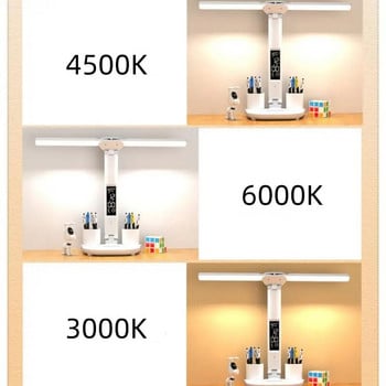 LED часовник Настолна лампа USB зареждаема димируема настолна лампа 2 глави 180 завъртане Сгъваема нощна лампа за защита на очите за четене