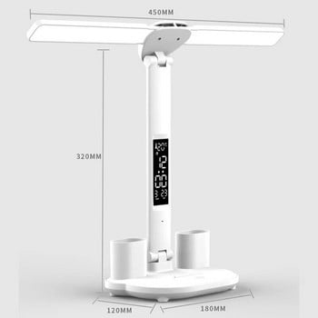 LED часовник Настолна лампа USB зареждаема димируема настолна лампа 2 глави 180 завъртане Сгъваема нощна лампа за защита на очите за четене