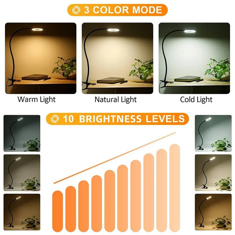 48 LED-es asztali lámpa csipesz USB könyves lámpa éjjeli 360°-os rugalmas szemvédelem hattyúnyak olvasólámpa fényereje állítható 3 fokozatban