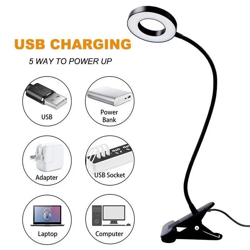 48 LED-es asztali lámpa csipesz USB könyves lámpa éjjeli 360°-os rugalmas szemvédelem hattyúnyak olvasólámpa fényereje állítható 3 fokozatban