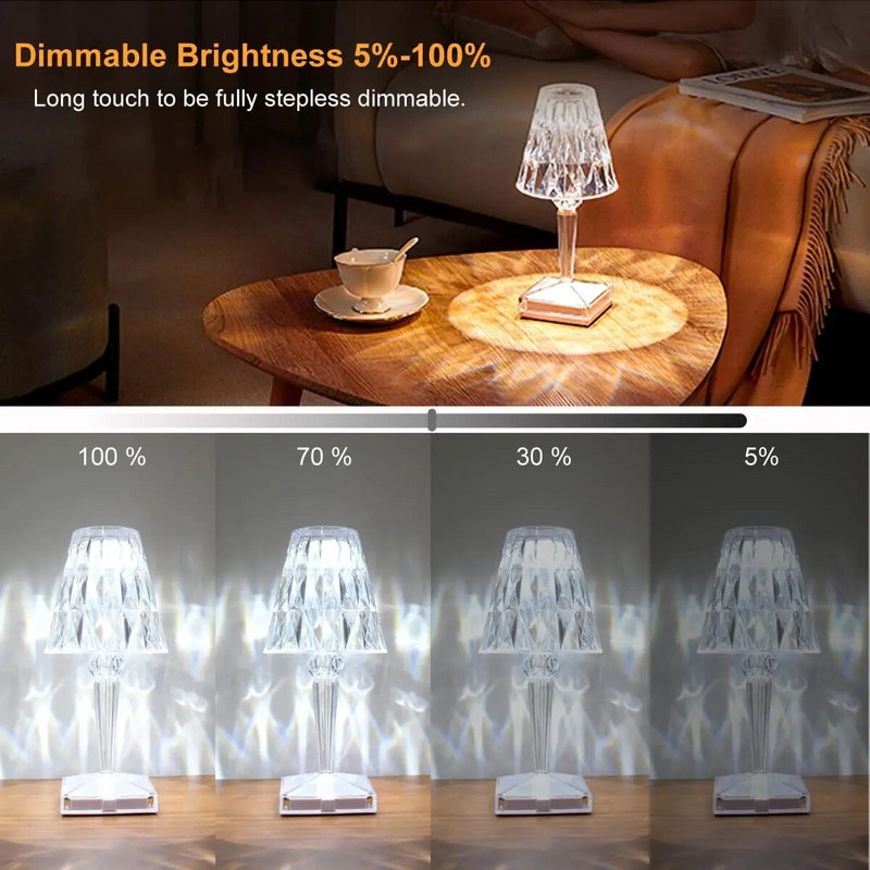 Deimantinė stalinė lempa LED akių apsaugos skaitymo lempa krištolinė projekcinė stalinė lempa USB jutiklinis nakties šviestuvai vakarėlio dovana
