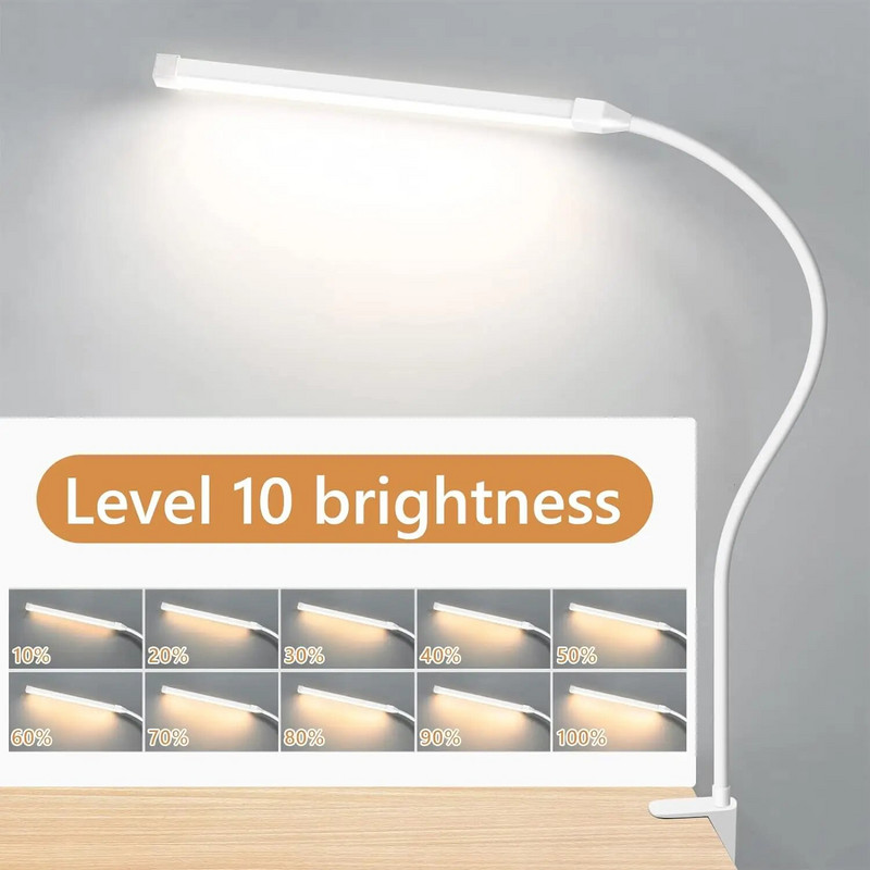 LED-es asztali lámpa bilinccsel, szemkímélő csipesszel otthoni irodához, 3 üzemmód 10 fényerő, hosszú, rugalmas hattyúnyak, fém