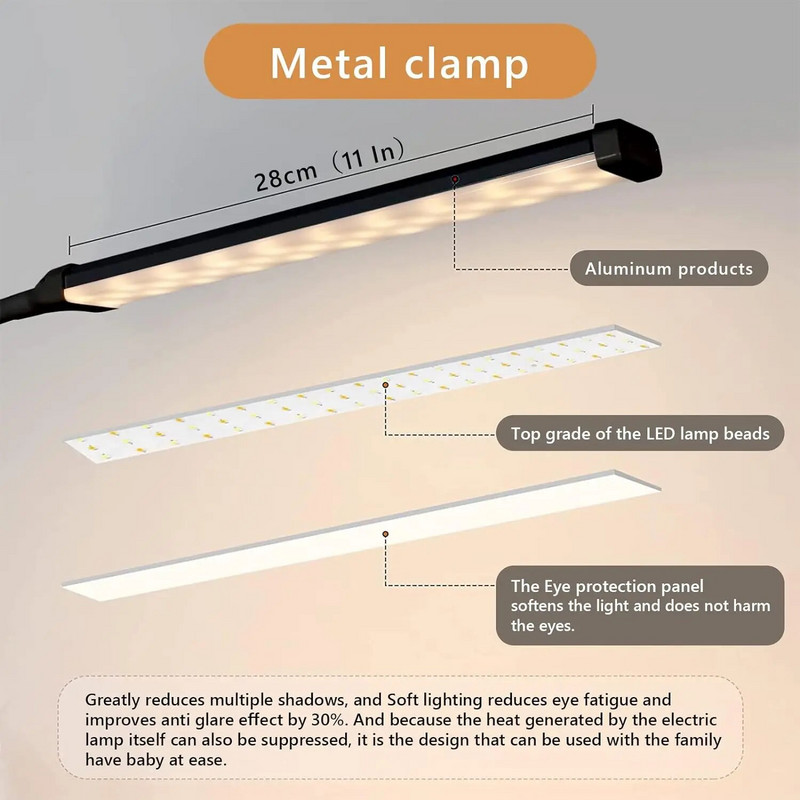 LED-es asztali lámpa bilinccsel, szemkímélő csipesszel otthoni irodához, 3 üzemmód 10 fényerő, hosszú, rugalmas hattyúnyak, fém