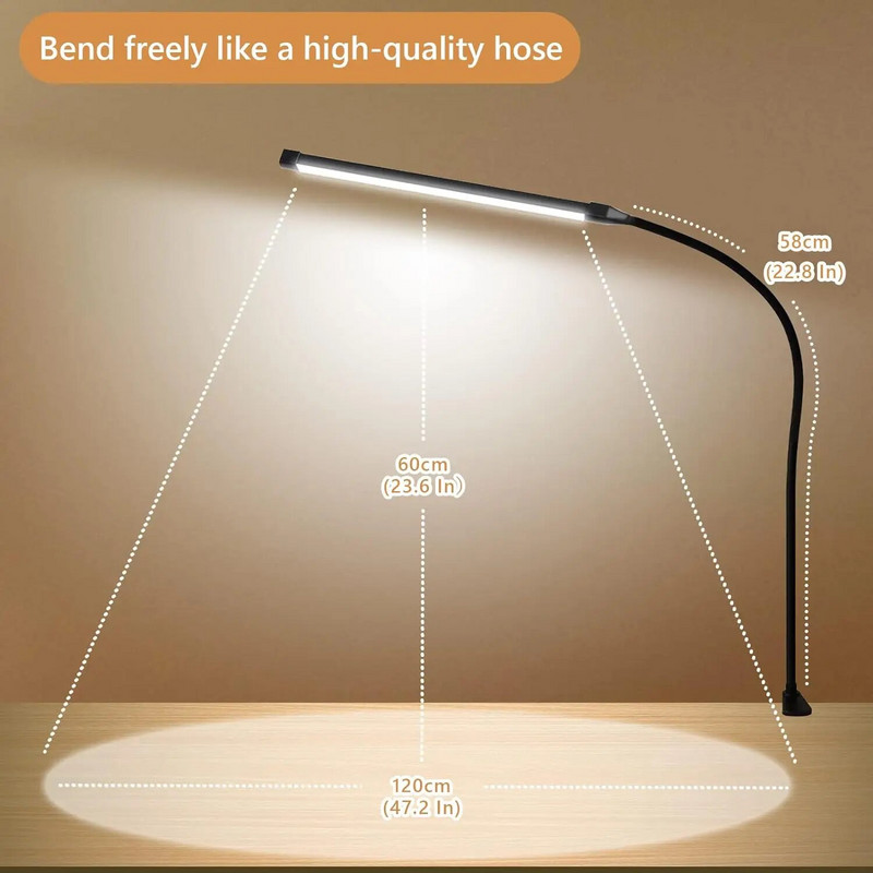 LED-es asztali lámpa bilinccsel, szemkímélő csipesszel otthoni irodához, 3 üzemmód 10 fényerő, hosszú, rugalmas hattyúnyak, fém