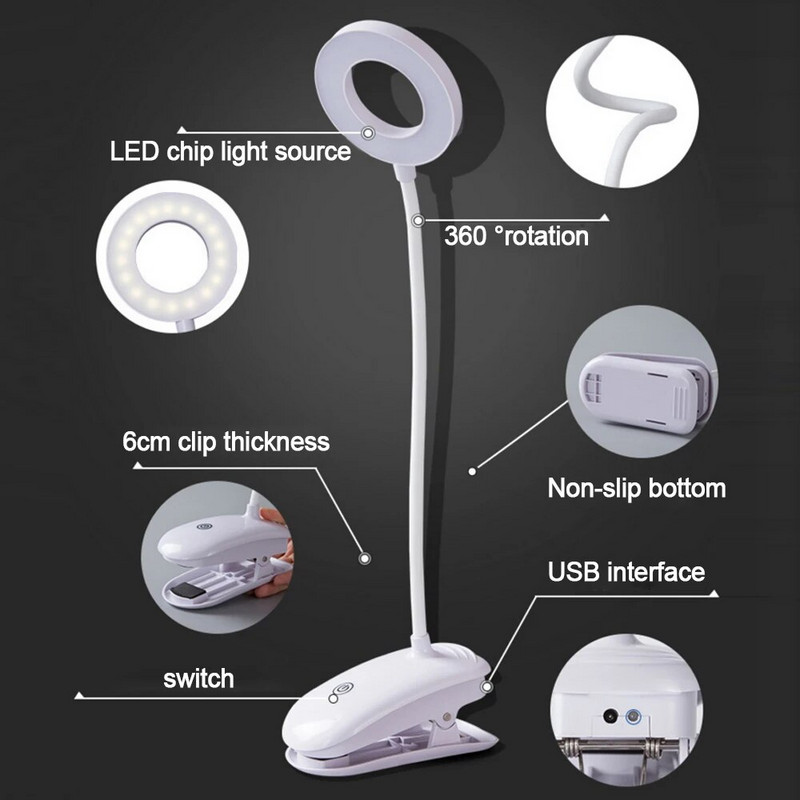 DC5V Asztali lámpa Led Asztali lámpa Érintő Clip Tanulmány lámpa USB Újratölthető Asztali Olvasó Szemvédelem Éjszakai lámpa gyerekeknek