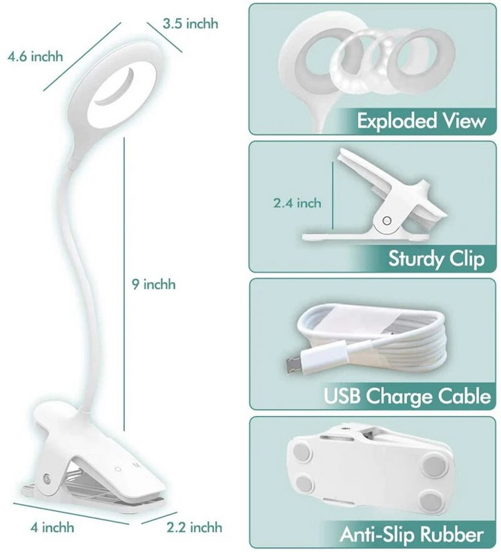 Hordozható asztali lámpa Újratölthető olvasólámpa Szemvédő könyvjelző LED USB olvasólámpa Touch Control Clip asztali asztali lámpa