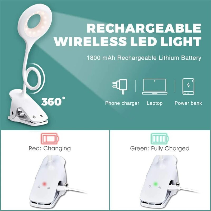 Hordozható asztali lámpa Újratölthető olvasólámpa Szemvédő könyvjelző LED USB olvasólámpa Touch Control Clip asztali asztali lámpa