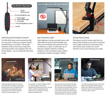 USB LED настолна лампа 10W Грижа за очите метална настолна лампа с въртящо се рамо със скоба лампи за четене нощна лампа Архитект за домашен офис