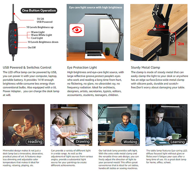 USB LED Asztali lámpa 10W Szemkímélő fém lengőkaros asztali lámpa Clamp olvasólámpákkal éjszakai lámpa Architect for Home Office
