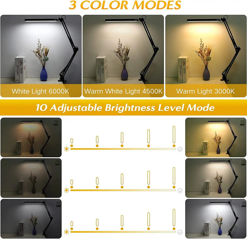 USB LED Asztali lámpa 10W Szemkímélő fém lengőkaros asztali lámpa Clamp olvasólámpákkal éjszakai lámpa Architect for Home Office
