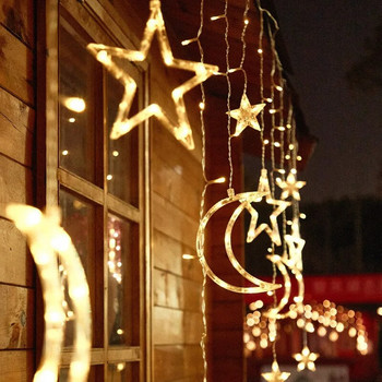 Χριστουγεννιάτικα Φωτάκια Solar Moon Star LED String Lights Διακόσμηση για Εξωτερική διακόσμηση σπιτιού Γάμου Led Κουρτίνα Φωτιστικό διακοπών