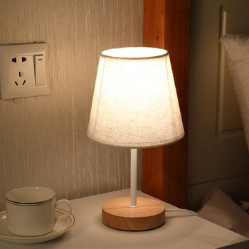 Модерна настолна лампа 5V USB захранвана лампа за нощно шкафче Eye-Care Мека топла светлина Нощна лампа Дървена основа Абажур Настолна лампа