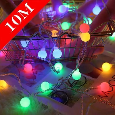 2M 5M 10M LED Fairy String Cherry Balls Fények Elem USB 220V 110V Működő esküvői karácsonyi füzér kültéri szoba dekoráció